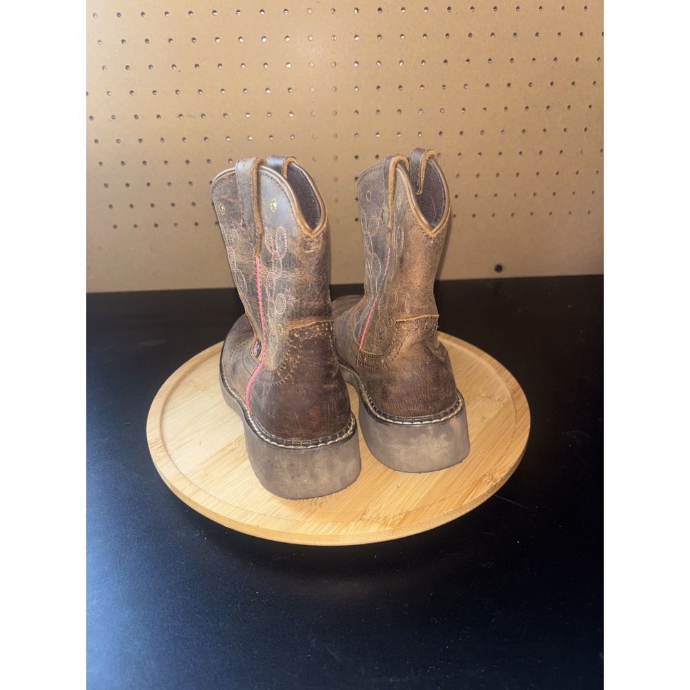 Justin Glitzi Cowgirl Western Boots Girls 1 D Leather Brown Pink JK9915 Light Up - Picture 4 of 7